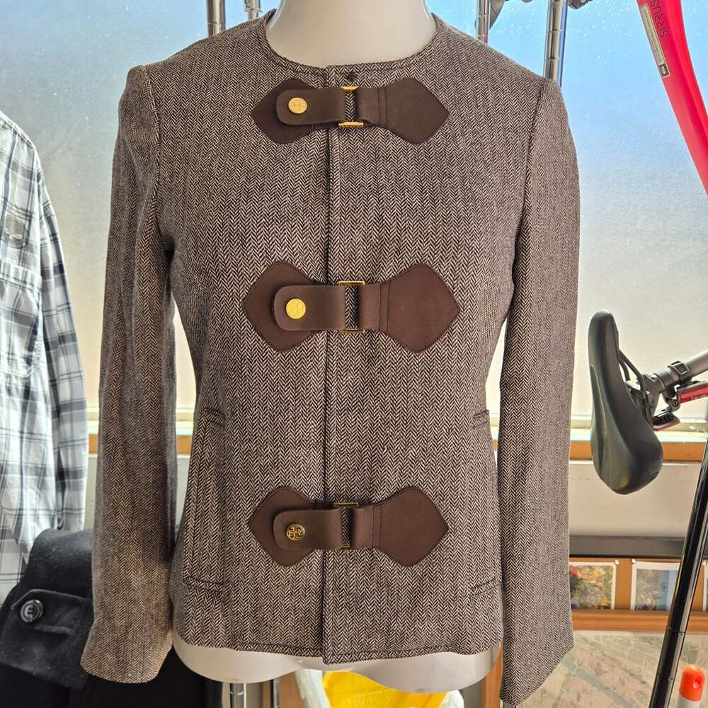 Tory Burch Herringbone Jacket Brown Tweed Leather Buckle Closures